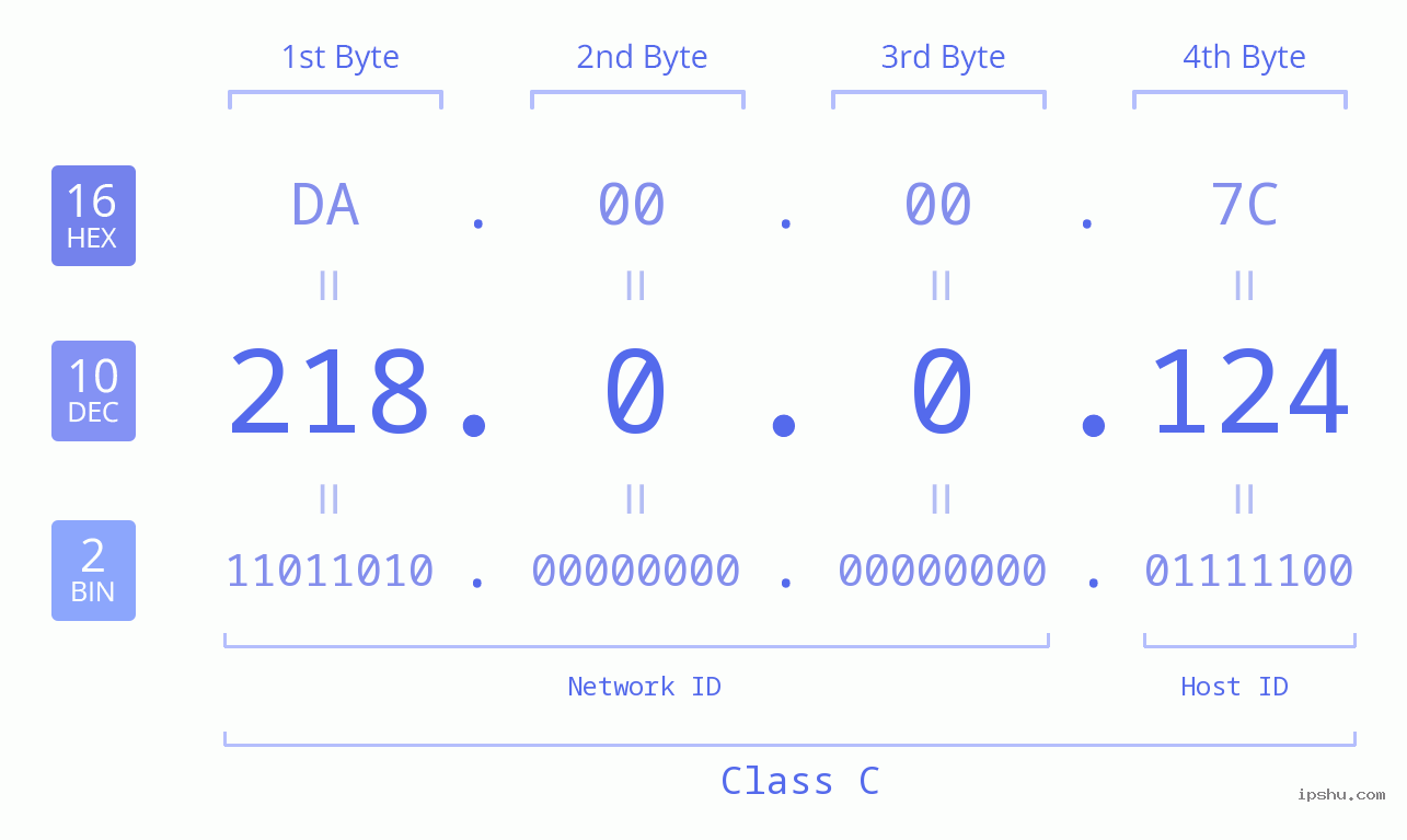 IP Address: 218.0.0.124 Data Structure Chart BIN DEC HEX IPv4: 218.0.0.124 Network Class, Net ID, Host ID