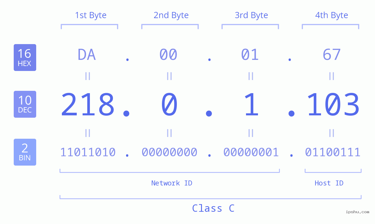 IP Address: 218.0.1.103 Data Structure Chart BIN DEC HEX IPv4: 218.0.1.103 Network Class, Net ID, Host ID