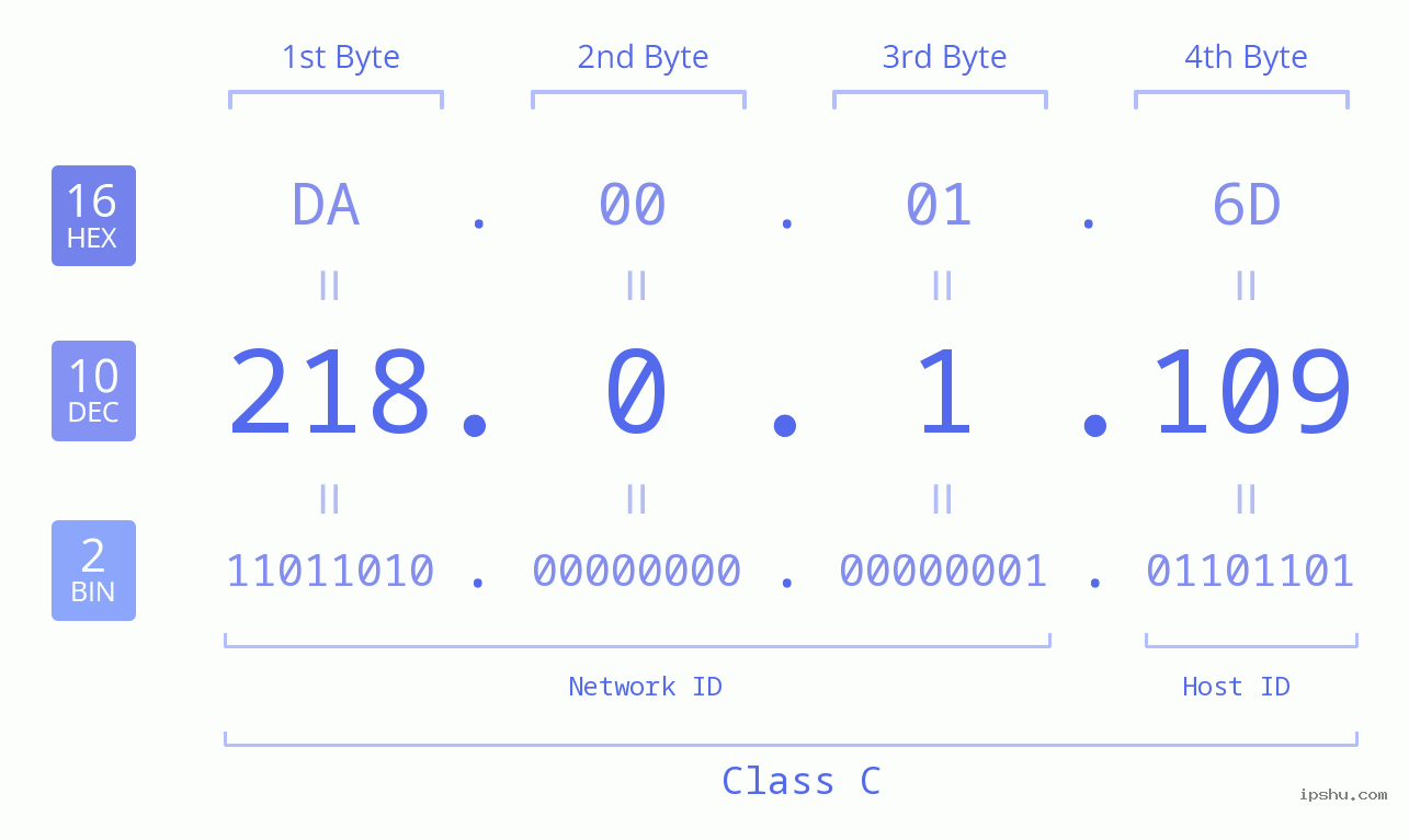 IP Address: 218.0.1.109 Data Structure Chart BIN DEC HEX IPv4: 218.0.1.109 Network Class, Net ID, Host ID