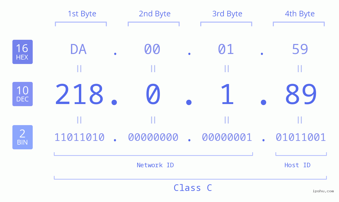 IP Address: 218.0.1.89 Data Structure Chart BIN DEC HEX IPv4: 218.0.1.89 Network Class, Net ID, Host ID