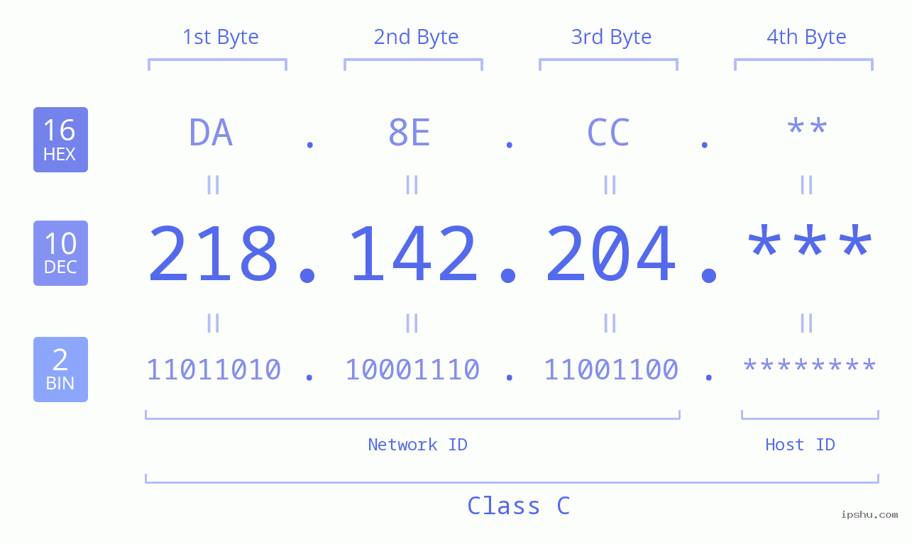 IP Address: 218.142.204 Data Structure Chart BIN DEC HEX IPv4: 218.142.204 Network Class, Net ID, Host ID