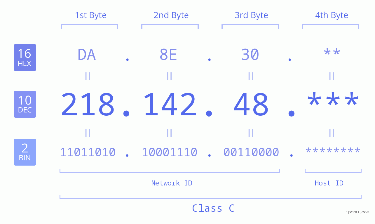 IP Address: 218.142.48 Data Structure Chart BIN DEC HEX IPv4: 218.142.48 Network Class, Net ID, Host ID