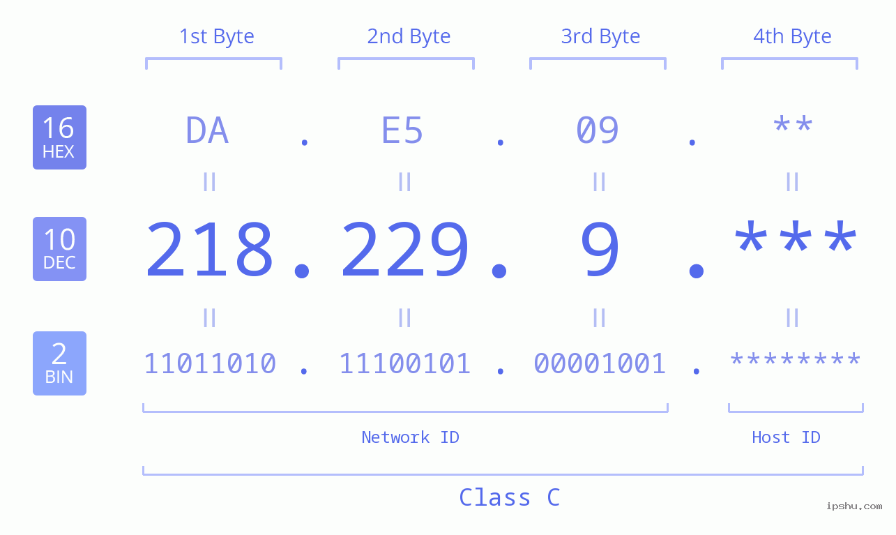 IP Address: 218.229.9 Data Structure Chart BIN DEC HEX IPv4: 218.229.9 Network Class, Net ID, Host ID