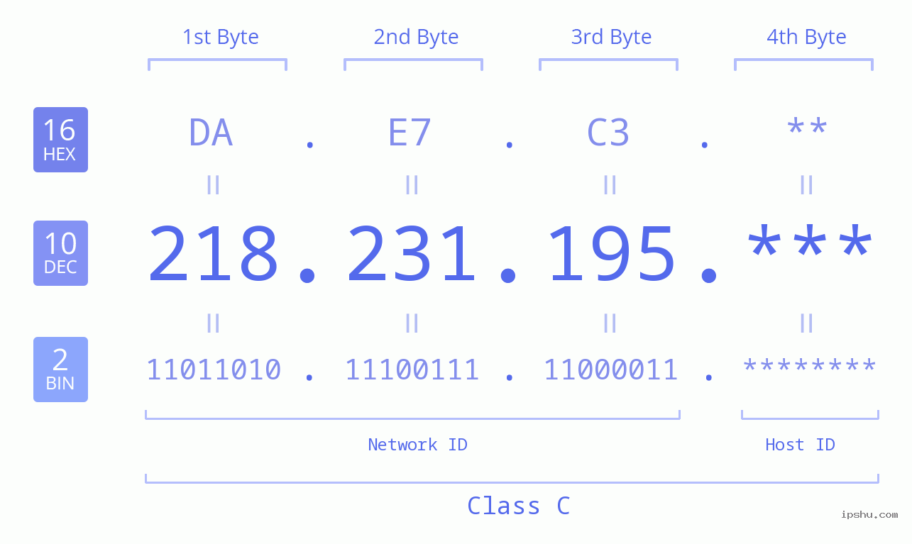 IP Address: 218.231.195 Data Structure Chart BIN DEC HEX IPv4: 218.231.195 Network Class, Net ID, Host ID