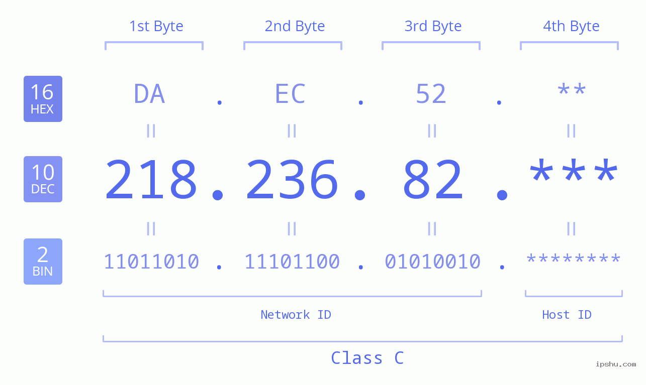 IP Address: 218.236.82 Data Structure Chart BIN DEC HEX IPv4: 218.236.82 Network Class, Net ID, Host ID