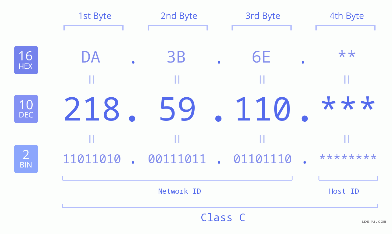 IP Address: 218.59.110 Data Structure Chart BIN DEC HEX IPv4: 218.59.110 Network Class, Net ID, Host ID