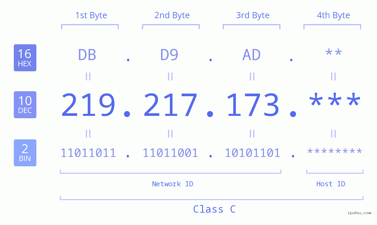 IP Address: 219.217.173 Data Structure Chart BIN DEC HEX IPv4: 219.217.173 Network Class, Net ID, Host ID