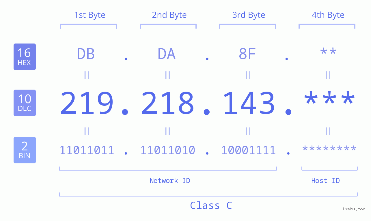 IP Address: 219.218.143 Data Structure Chart BIN DEC HEX IPv4: 219.218.143 Network Class, Net ID, Host ID