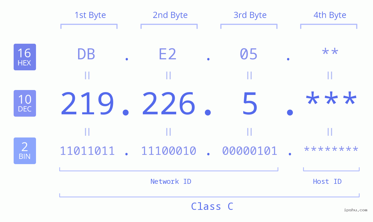 IP Address: 219.226.5 Data Structure Chart BIN DEC HEX IPv4: 219.226.5 Network Class, Net ID, Host ID