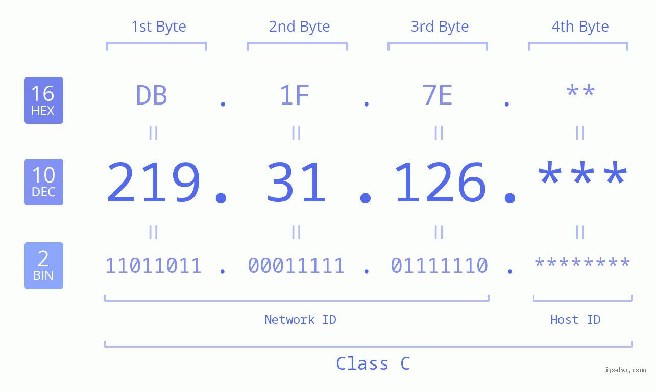 IP Address: 219.31.126 Data Structure Chart BIN DEC HEX IPv4: 219.31.126 Network Class, Net ID, Host ID
