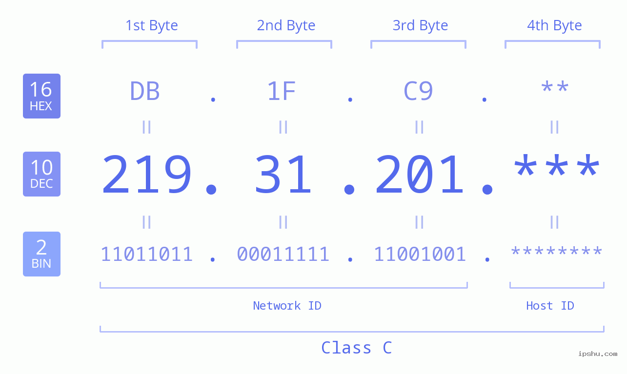 IP Address: 219.31.201 Data Structure Chart BIN DEC HEX IPv4: 219.31.201 Network Class, Net ID, Host ID
