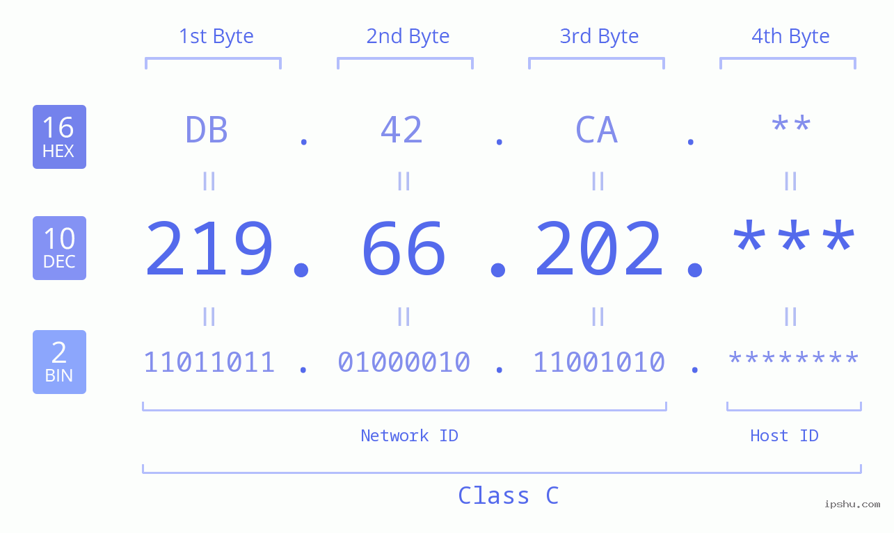 IP Address: 219.66.202 Data Structure Chart BIN DEC HEX IPv4: 219.66.202 Network Class, Net ID, Host ID