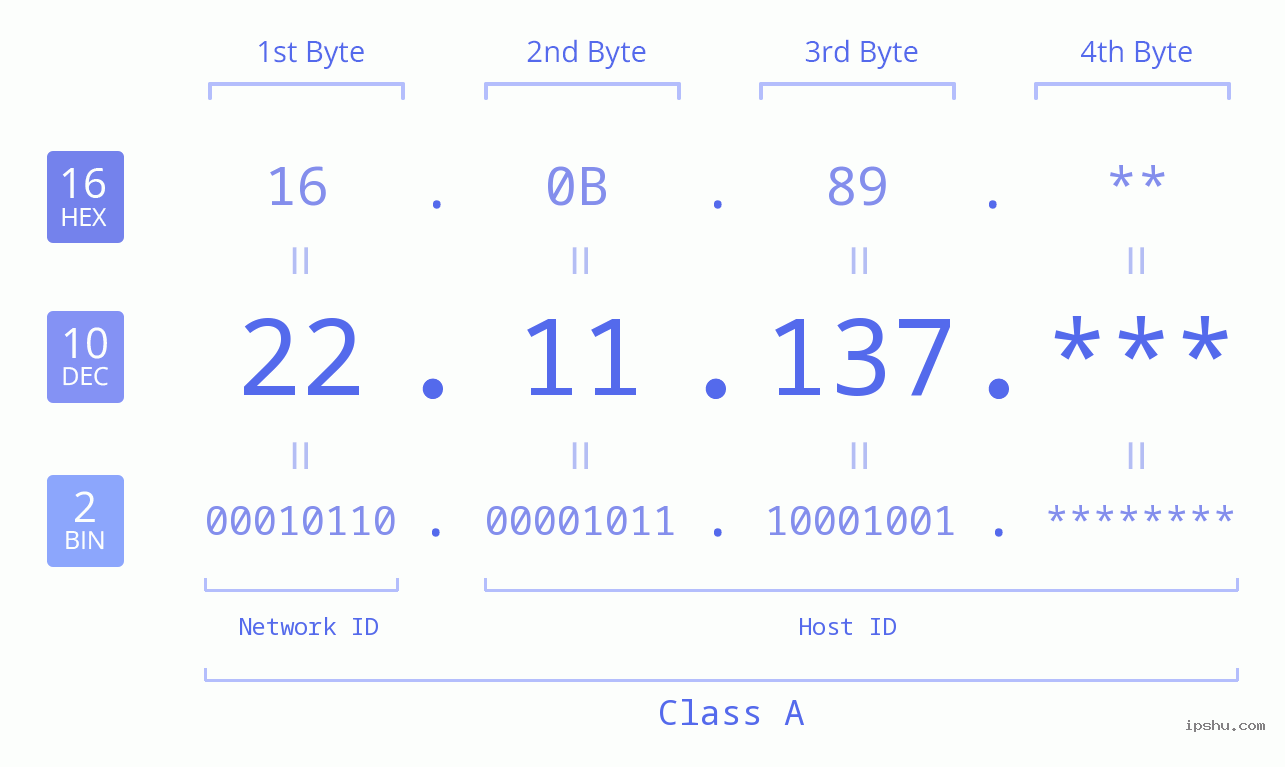 IP Address: 22.11.137 Data Structure Chart BIN DEC HEX IPv4: 22.11.137 Network Class, Net ID, Host ID