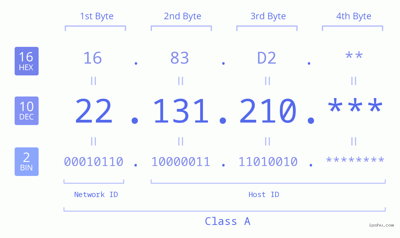 IP Address: 22.131.210 Data Structure Chart BIN DEC HEX IPv4: 22.131.210 Network Class, Net ID, Host ID