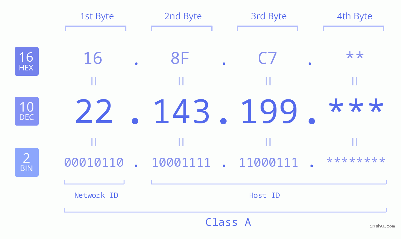 IP Address: 22.143.199 Data Structure Chart BIN DEC HEX IPv4: 22.143.199 Network Class, Net ID, Host ID