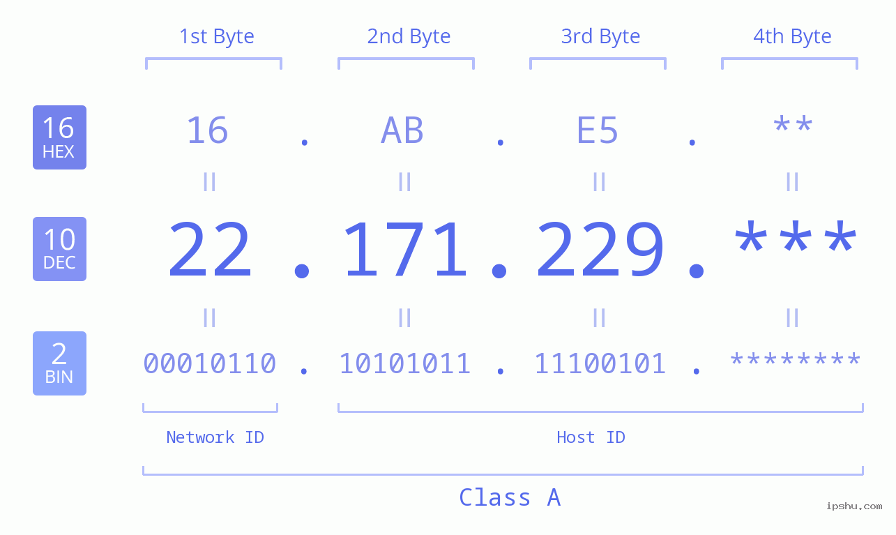 IP Address: 22.171.229 Data Structure Chart BIN DEC HEX IPv4: 22.171.229 Network Class, Net ID, Host ID
