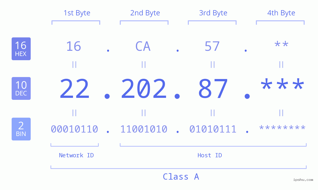 IP Address: 22.202.87 Data Structure Chart BIN DEC HEX IPv4: 22.202.87 Network Class, Net ID, Host ID