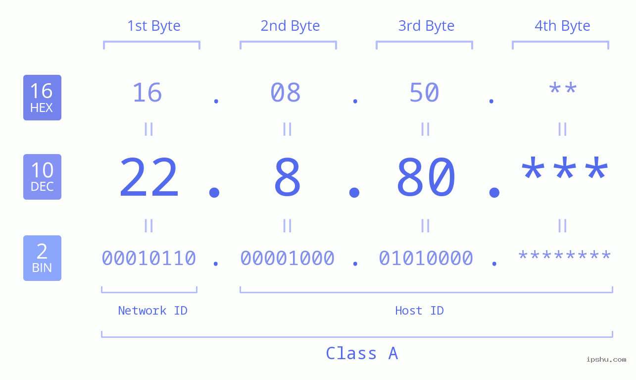 IP Address: 22.8.80 Data Structure Chart BIN DEC HEX IPv4: 22.8.80 Network Class, Net ID, Host ID