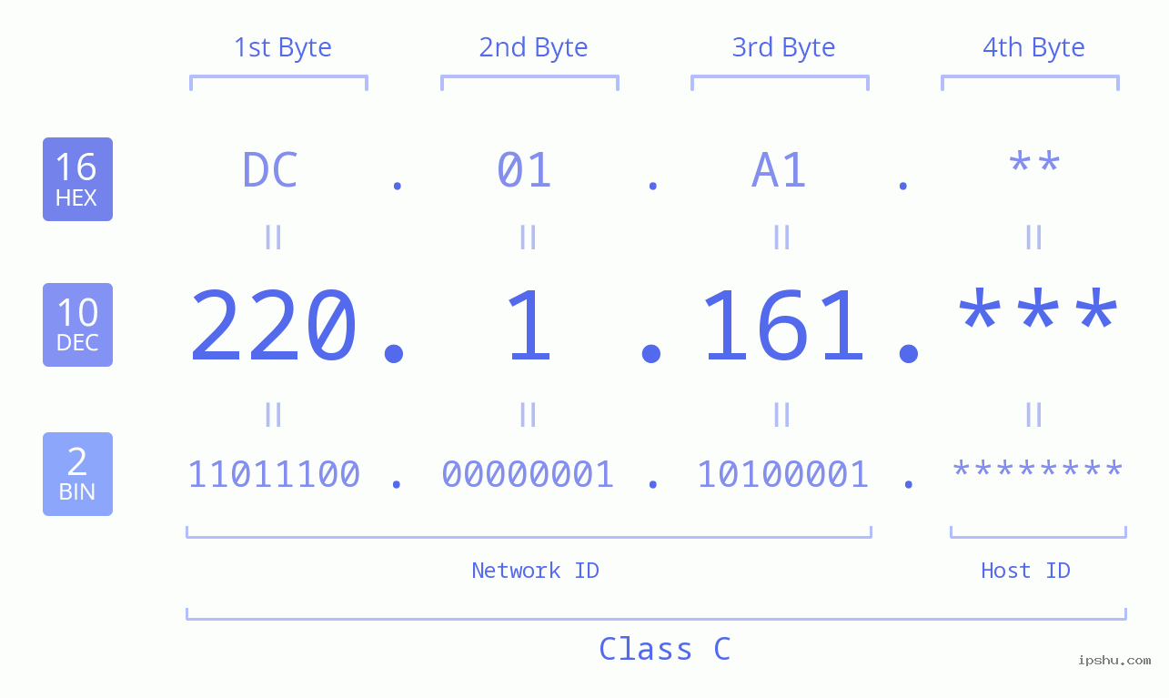 IP Address: 220.1.161 Data Structure Chart BIN DEC HEX IPv4: 220.1.161 Network Class, Net ID, Host ID