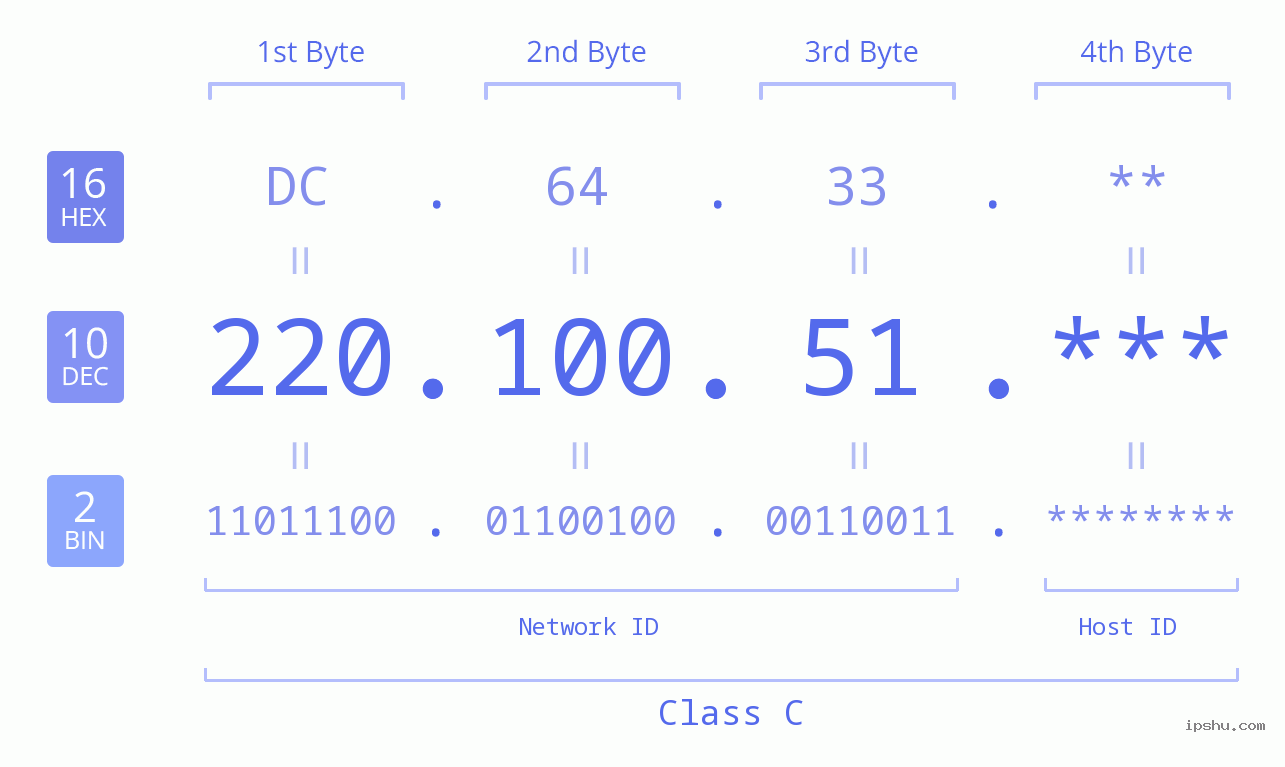 IP Address: 220.100.51 Data Structure Chart BIN DEC HEX IPv4: 220.100.51 Network Class, Net ID, Host ID