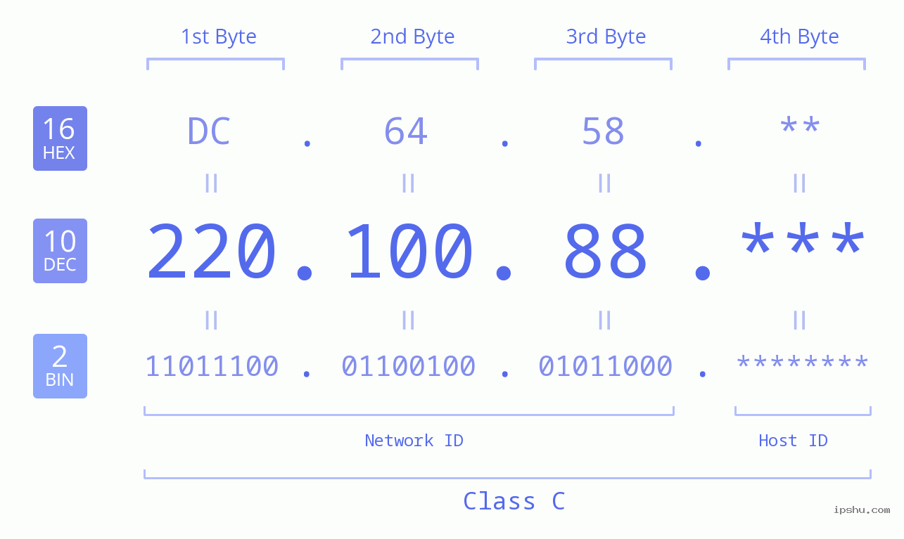 IP Address: 220.100.88 Data Structure Chart BIN DEC HEX IPv4: 220.100.88 Network Class, Net ID, Host ID