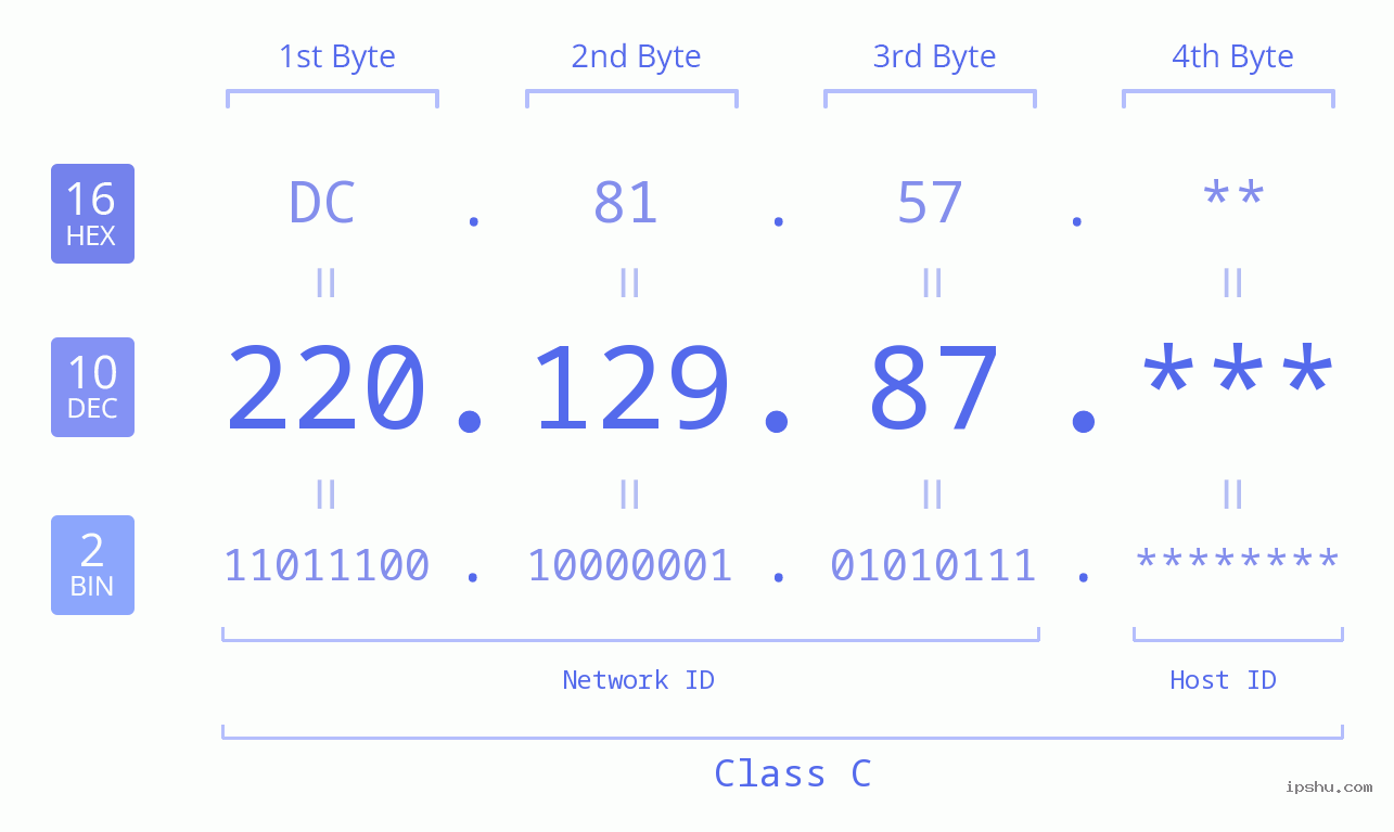 IP Address: 220.129.87 Data Structure Chart BIN DEC HEX IPv4: 220.129.87 Network Class, Net ID, Host ID