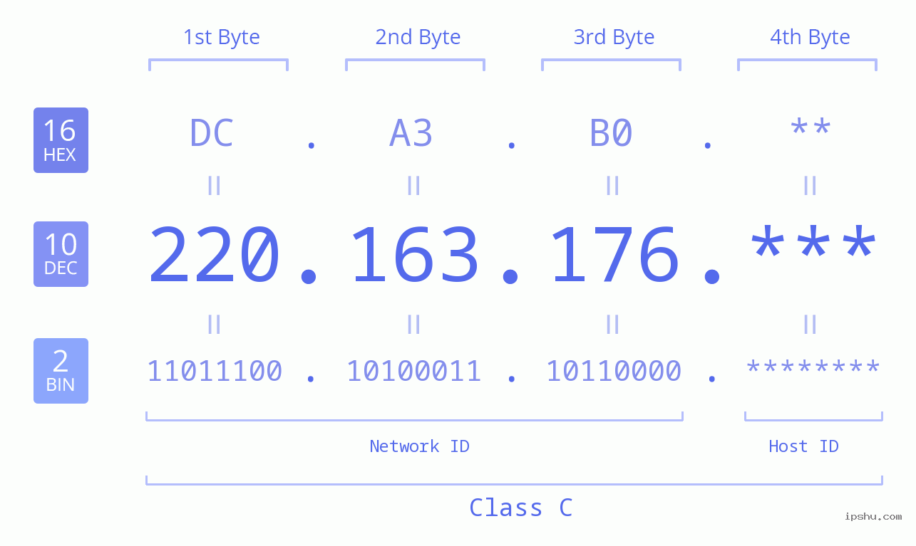 IP Address: 220.163.176 Data Structure Chart BIN DEC HEX IPv4: 220.163.176 Network Class, Net ID, Host ID