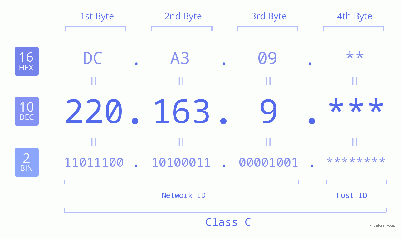 IP Address: 220.163.9 Data Structure Chart BIN DEC HEX IPv4: 220.163.9 Network Class, Net ID, Host ID