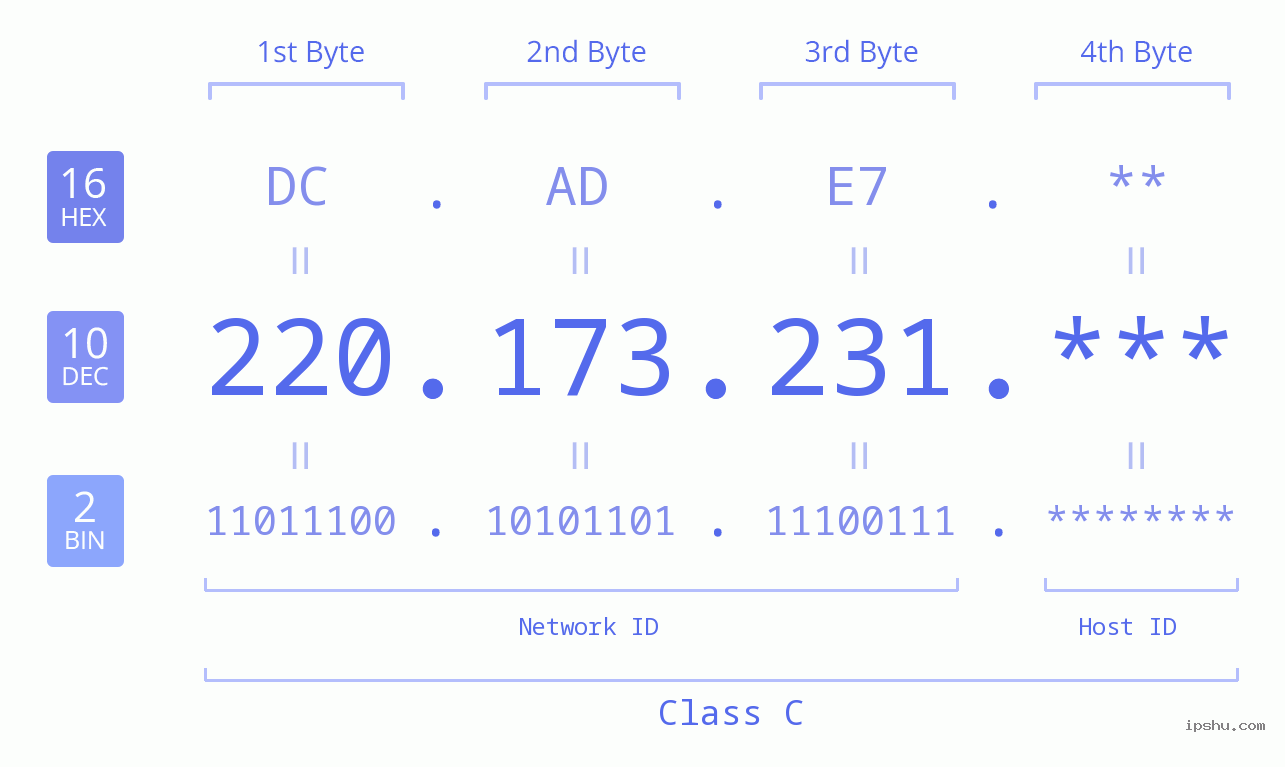 IP Address: 220.173.231 Data Structure Chart BIN DEC HEX IPv4: 220.173.231 Network Class, Net ID, Host ID