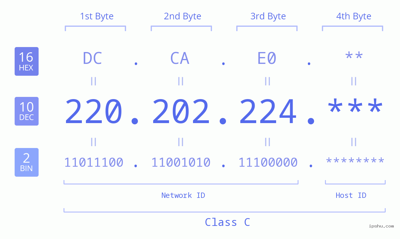 IP Address: 220.202.224 Data Structure Chart BIN DEC HEX IPv4: 220.202.224 Network Class, Net ID, Host ID