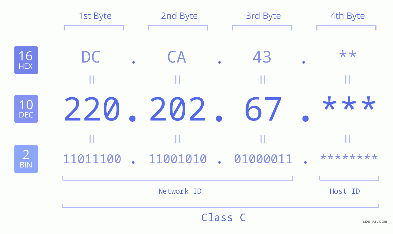 IP Address: 220.202.67 Data Structure Chart BIN DEC HEX IPv4: 220.202.67 Network Class, Net ID, Host ID