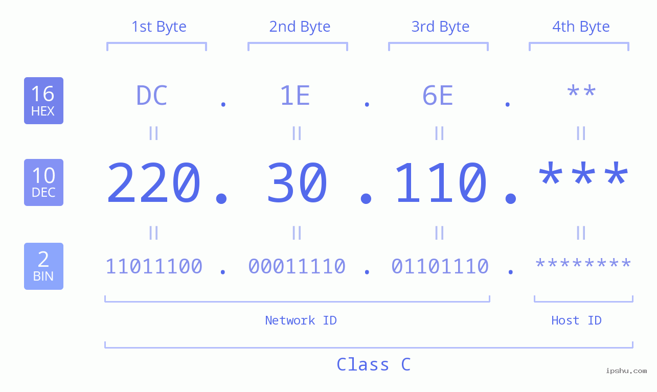 IP Address: 220.30.110 Data Structure Chart BIN DEC HEX IPv4: 220.30.110 Network Class, Net ID, Host ID