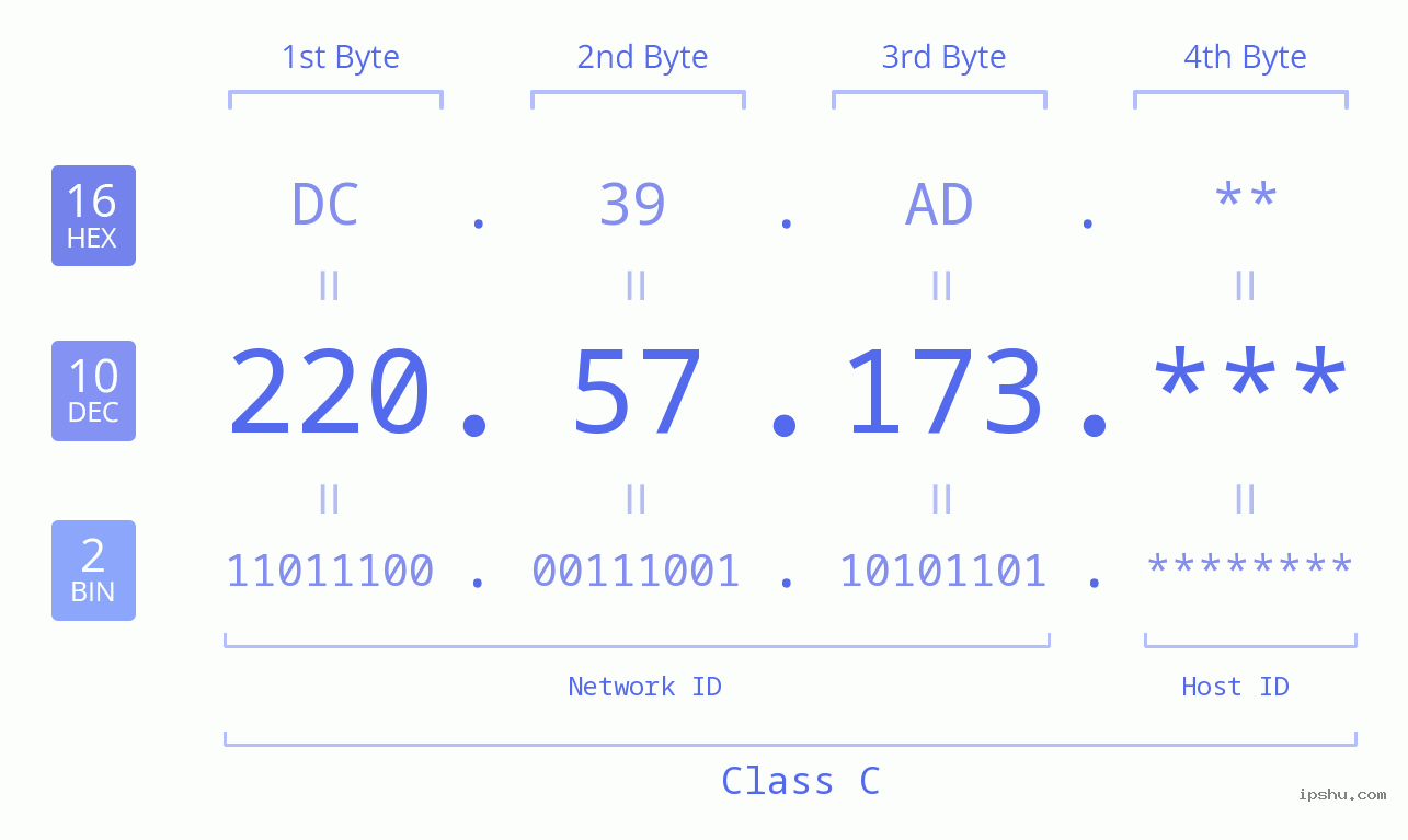 IP Address: 220.57.173 Data Structure Chart BIN DEC HEX IPv4: 220.57.173 Network Class, Net ID, Host ID