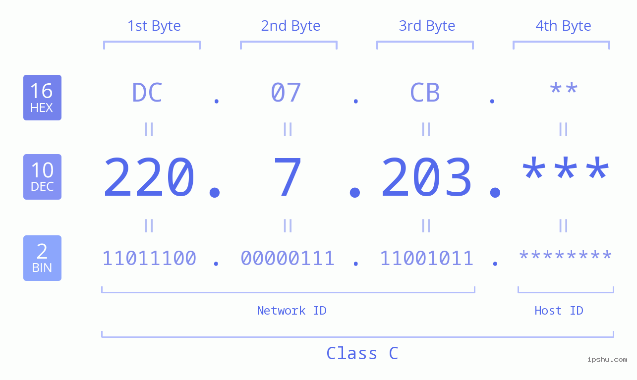 IP Address: 220.7.203 Data Structure Chart BIN DEC HEX IPv4: 220.7.203 Network Class, Net ID, Host ID