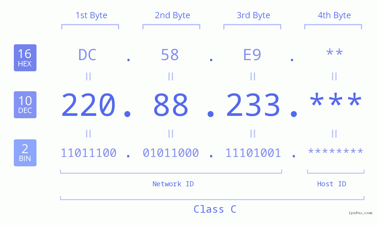 IP Address: 220.88.233 Data Structure Chart BIN DEC HEX IPv4: 220.88.233 Network Class, Net ID, Host ID