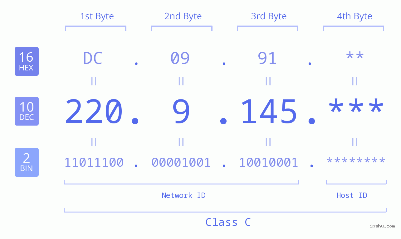 IP Address: 220.9.145 Data Structure Chart BIN DEC HEX IPv4: 220.9.145 Network Class, Net ID, Host ID