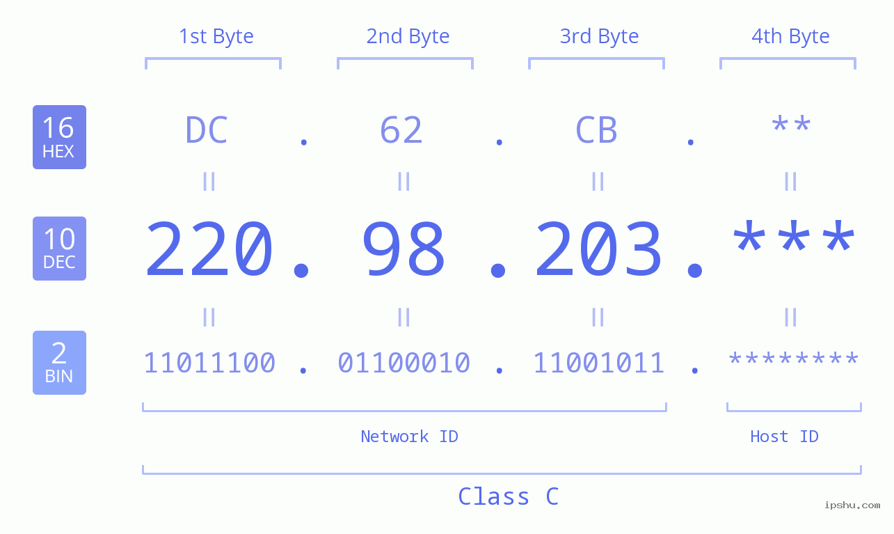 IP Address: 220.98.203 Data Structure Chart BIN DEC HEX IPv4: 220.98.203 Network Class, Net ID, Host ID