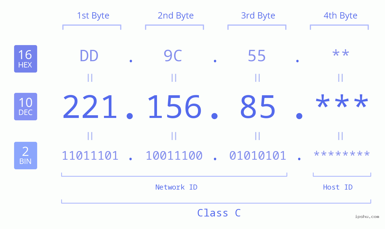 IP Address: 221.156.85 Data Structure Chart BIN DEC HEX IPv4: 221.156.85 Network Class, Net ID, Host ID