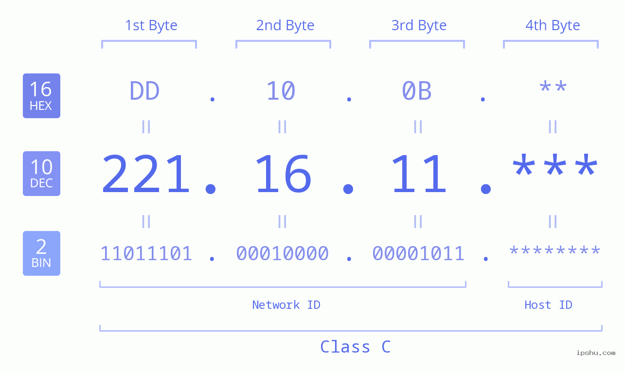 IP Address: 221.16.11 Data Structure Chart BIN DEC HEX IPv4: 221.16.11 Network Class, Net ID, Host ID