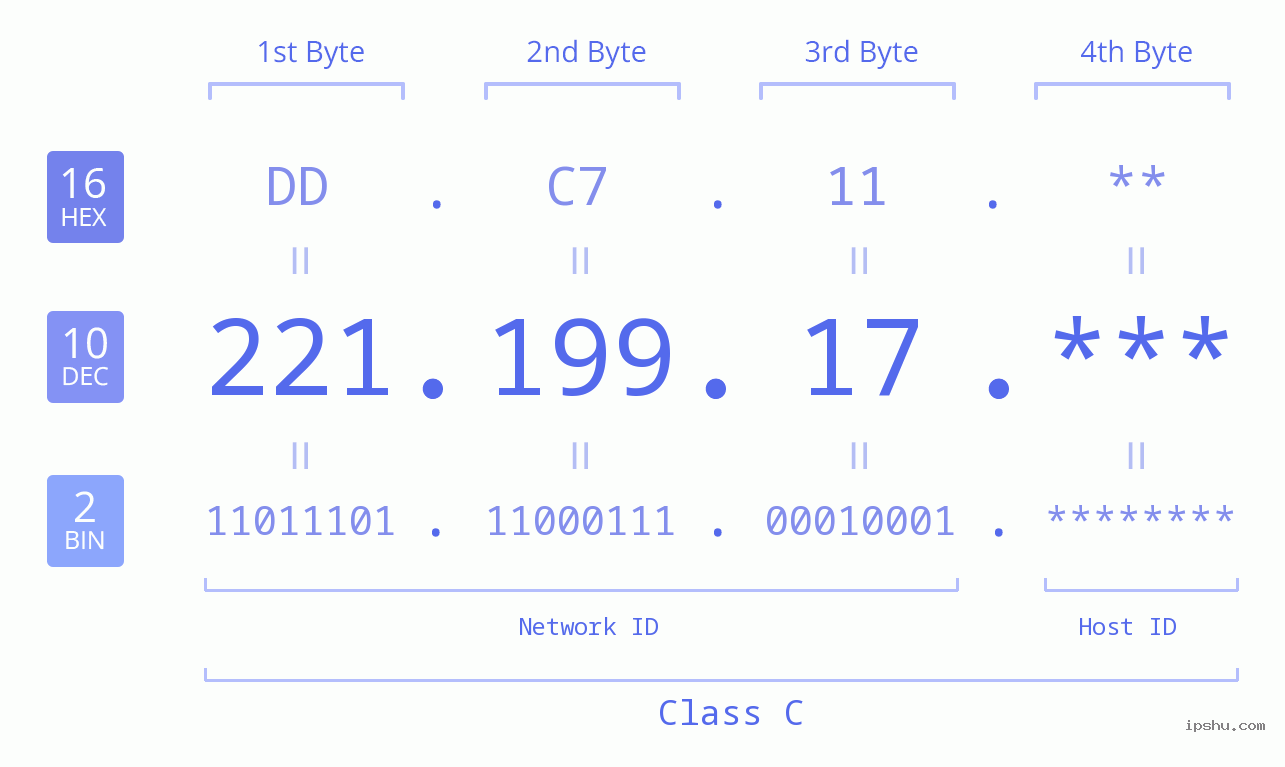 IP Address: 221.199.17 Data Structure Chart BIN DEC HEX IPv4: 221.199.17 Network Class, Net ID, Host ID