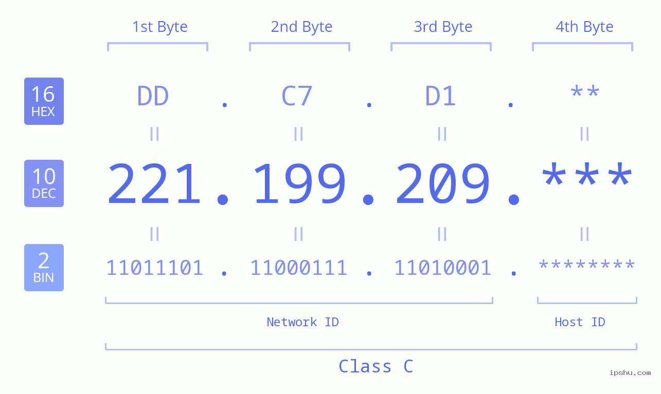 IP Address: 221.199.209 Data Structure Chart BIN DEC HEX IPv4: 221.199.209 Network Class, Net ID, Host ID