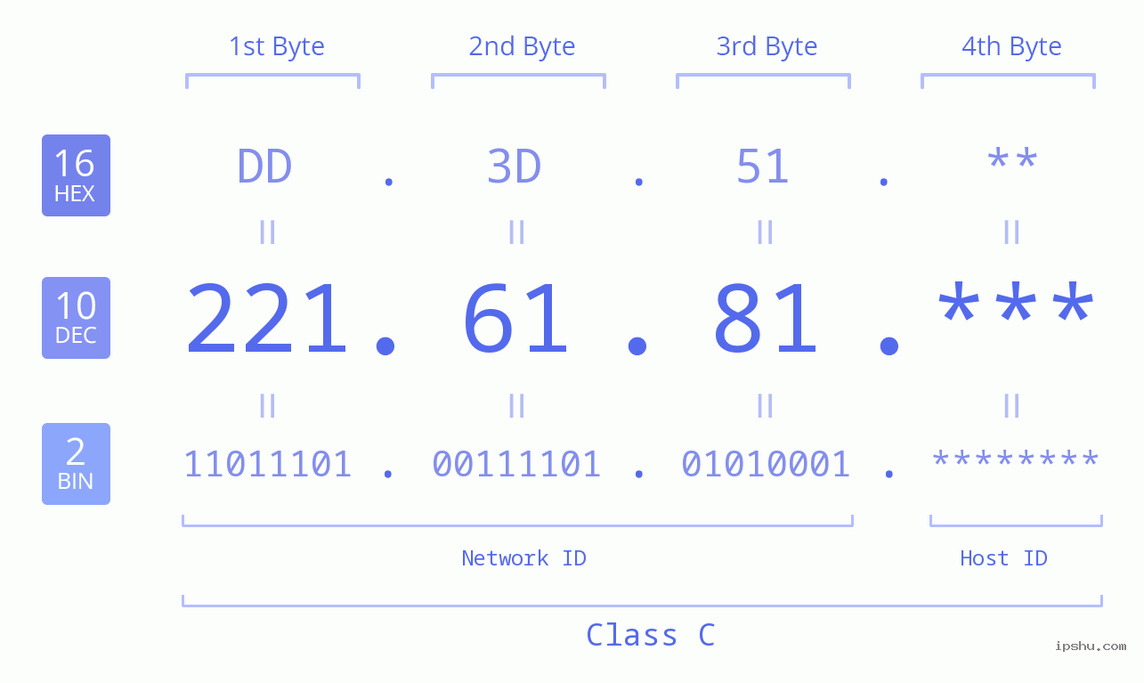 IP Address: 221.61.81 Data Structure Chart BIN DEC HEX IPv4: 221.61.81 Network Class, Net ID, Host ID