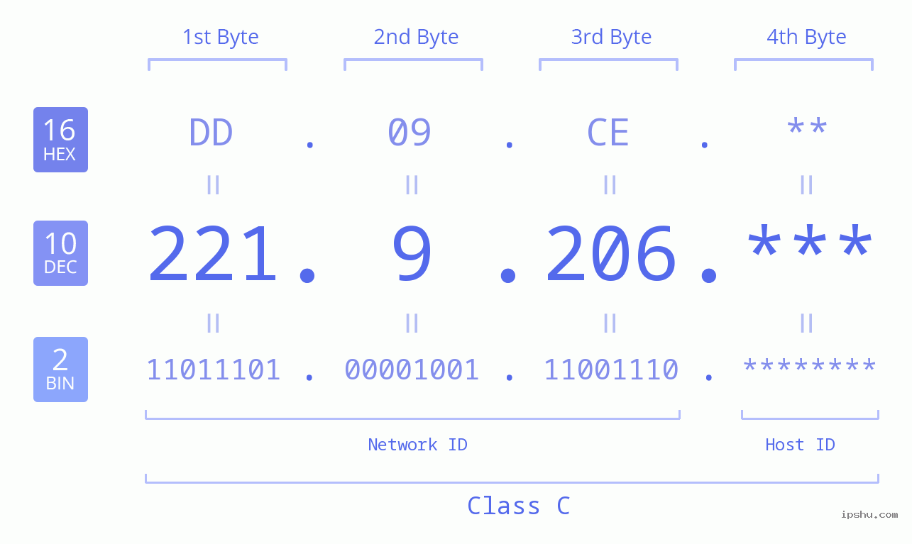 IP Address: 221.9.206 Data Structure Chart BIN DEC HEX IPv4: 221.9.206 Network Class, Net ID, Host ID