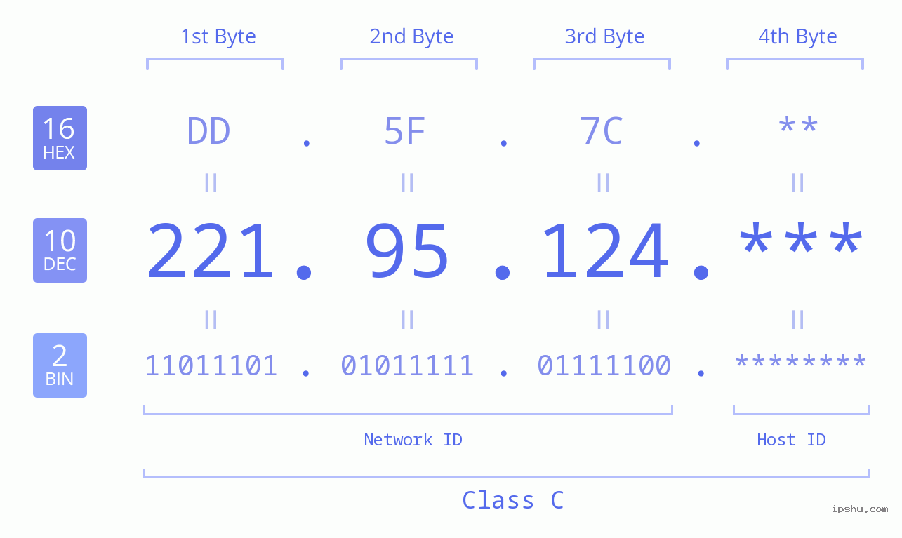 IP Address: 221.95.124 Data Structure Chart BIN DEC HEX IPv4: 221.95.124 Network Class, Net ID, Host ID