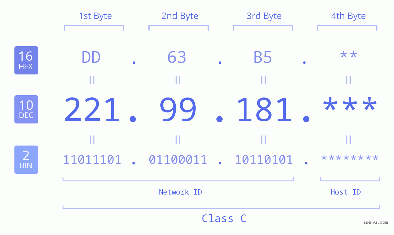 IP Address: 221.99.181 Data Structure Chart BIN DEC HEX IPv4: 221.99.181 Network Class, Net ID, Host ID