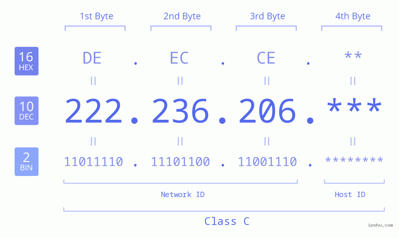 IP Address: 222.236.206 Data Structure Chart BIN DEC HEX IPv4: 222.236.206 Network Class, Net ID, Host ID