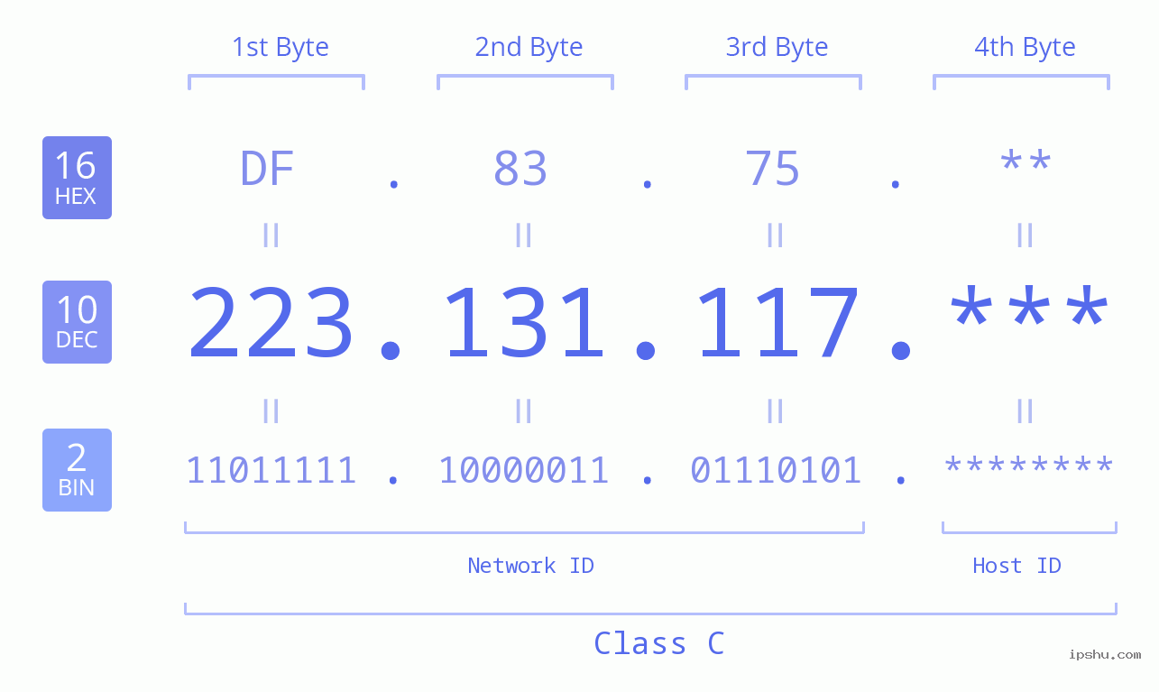 IP Address: 223.131.117 Data Structure Chart BIN DEC HEX IPv4: 223.131.117 Network Class, Net ID, Host ID