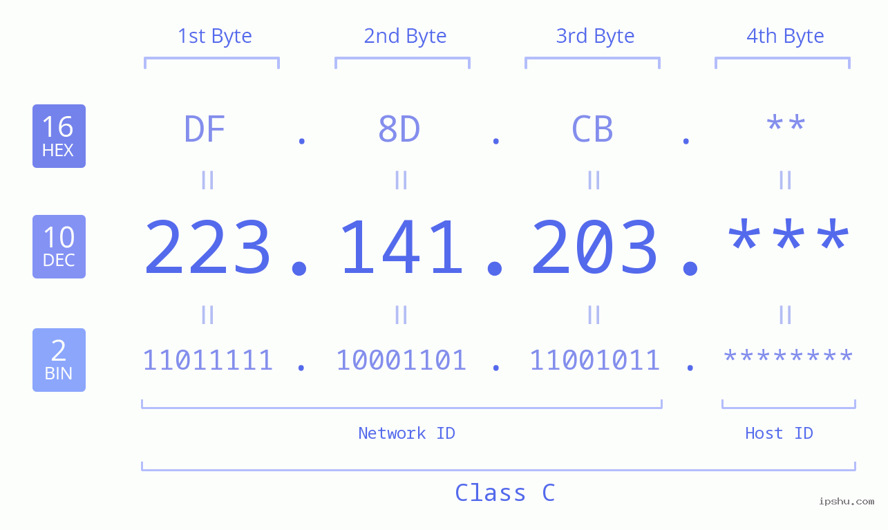 IP Address: 223.141.203 Data Structure Chart BIN DEC HEX IPv4: 223.141.203 Network Class, Net ID, Host ID
