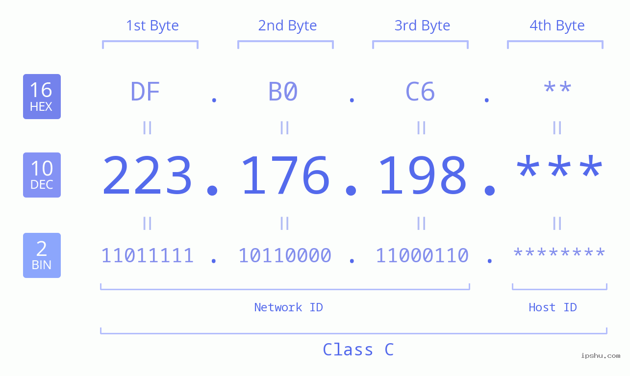 IP Address: 223.176.198 Data Structure Chart BIN DEC HEX IPv4: 223.176.198 Network Class, Net ID, Host ID