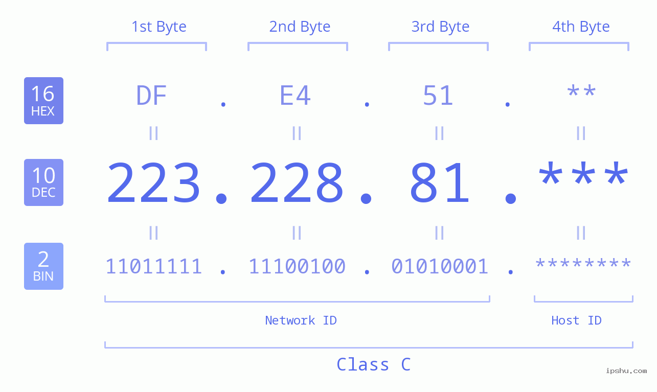IP Address: 223.228.81 Data Structure Chart BIN DEC HEX IPv4: 223.228.81 Network Class, Net ID, Host ID